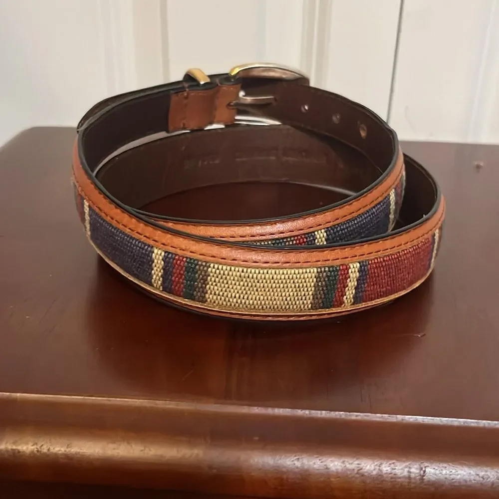 Brown Woven Tapestry Striped Fabric Leather Belt Brass Buckle Western Unisex 38
